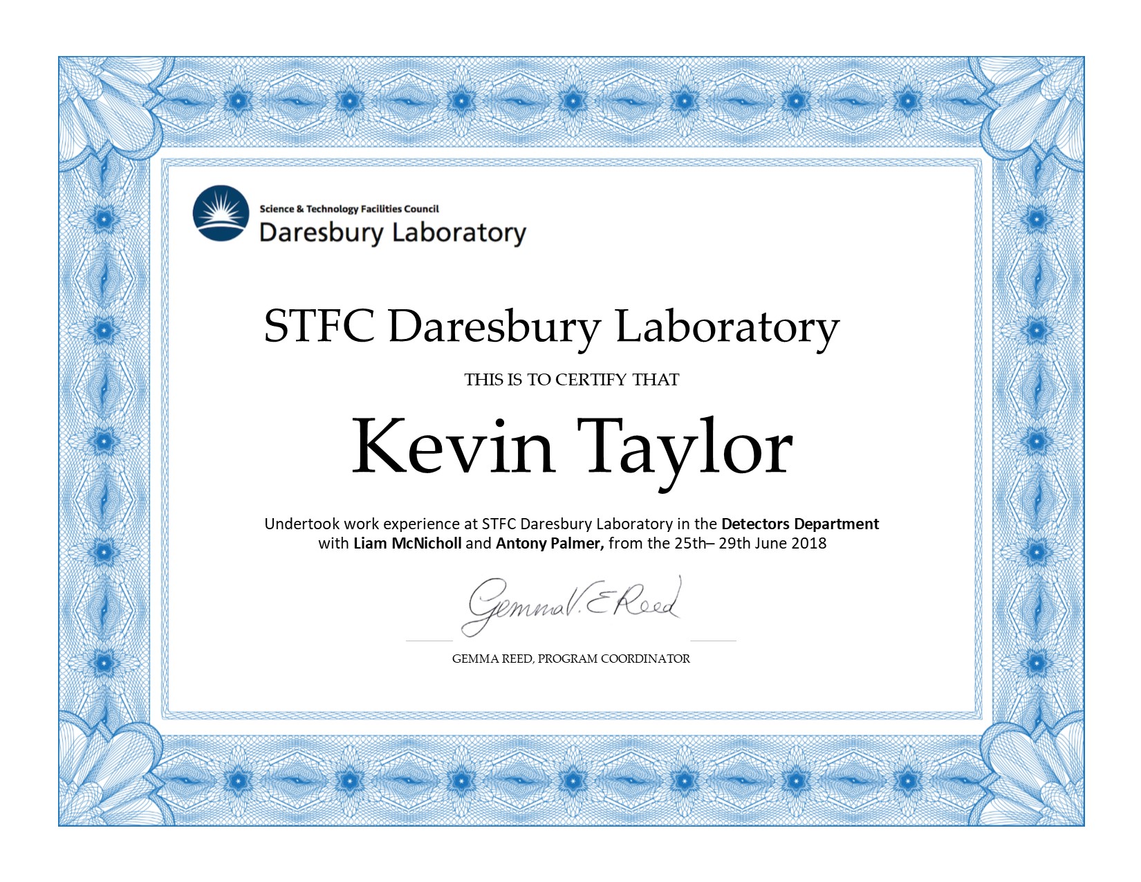[Daresbury certificate]